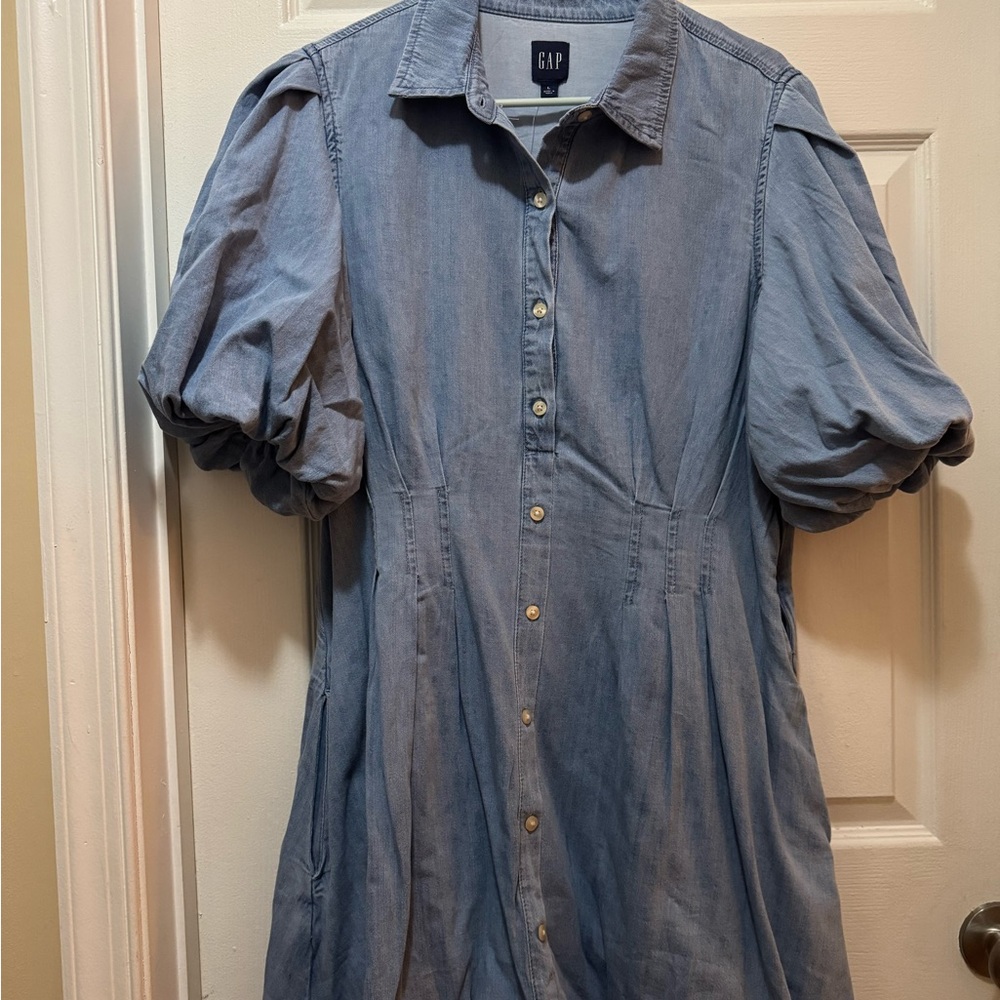 GAP Light Blue Asymmetrical Button-Front Dress with Puff Sleeves